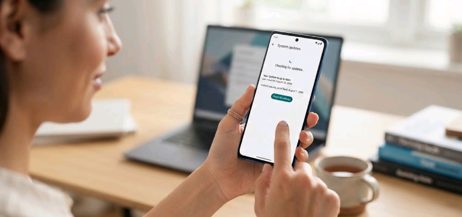 Person checking Android version and update settings on a smartphone