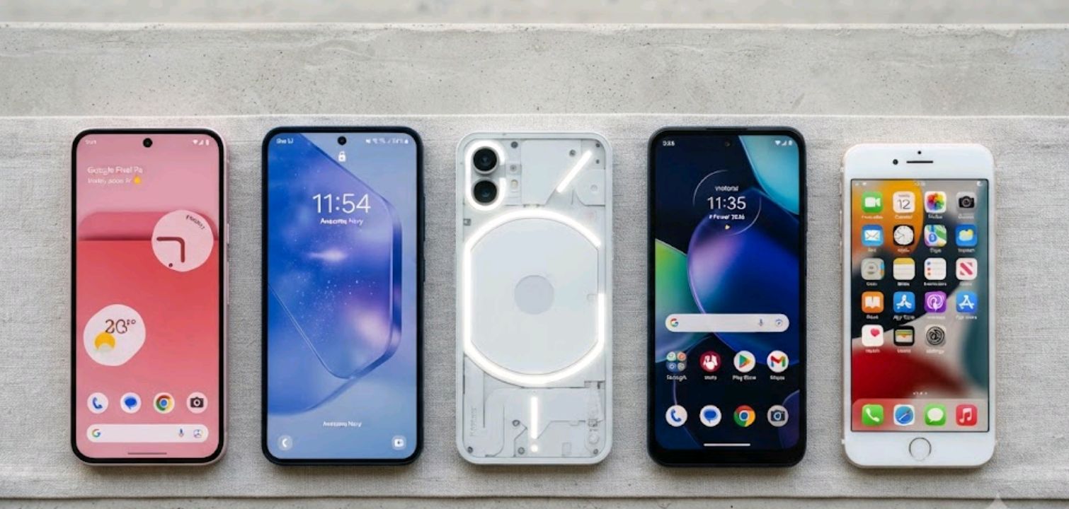 Lineup of budget smartphones under $500 arranged side by side